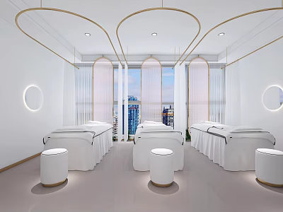 Modern Beauty Salon Interior With Elegant Treatment Beds White Stools And City View Windows 3d model