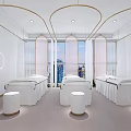 Modern Beauty Salon Interior With Elegant Treatment Beds White Stools And City View Windows