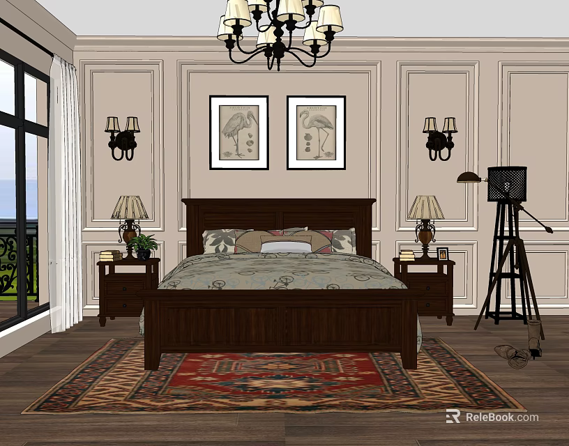 Double Bed with Wooden Frame Bedside Tables Table Lamps Wall Paintings Chandelier and Vintage Camera 3d model 