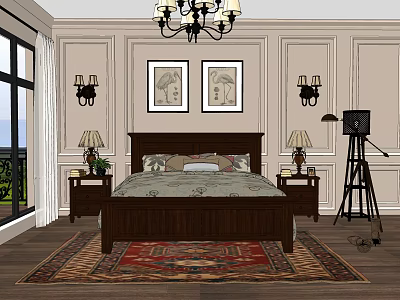 Double Bed with Wooden Frame Bedside Tables Table Lamps Wall Paintings Chandelier and Vintage Camera 3d model