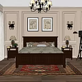Double Bed with Wooden Frame Bedside Tables Table Lamps Wall Paintings Chandelier and Vintage Camera