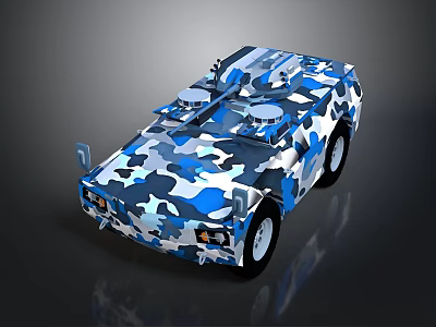 Blue And White Camouflage Military Vehicle With Roof Mounted Equipment And Compact Design 3d model
