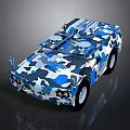 Blue And White Camouflage Military Vehicle With Roof Mounted Equipment And Compact Design