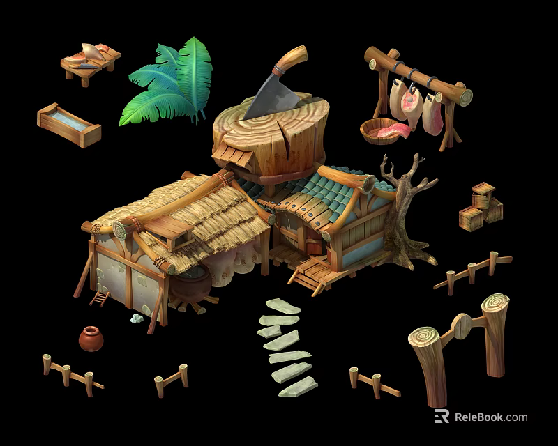 Cartoon Forest Village Scene With Wooden House Straw Roof Stone Path And Hanging Meat 3d model 