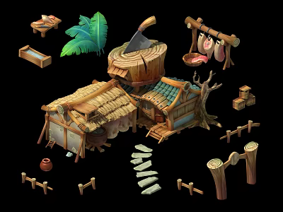 Cartoon Forest Village Scene With Wooden House Straw Roof Stone Path And Hanging Meat 3d model