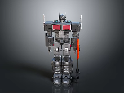 Mechanical Robot Figure With Red Chest Panels Spiked Arms And Orange Weapon 3d model