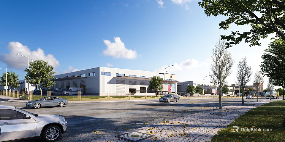 Modern Industrial Factory Exterior Design With Roadside Trees And Parked Cars Under Clear Blue Sky 3d model 
