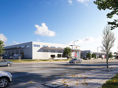 Modern Industrial Factory Exterior Design With Roadside Trees And Parked Cars Under Clear Blue Sky 3d model