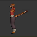 3D Tiger Character in Red Vest Purple Pants Standing with Arms Outstretched on Gray Background