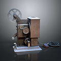 Vintage Computer Equipment With Mechanical Gears Metallic Casing And Wired Design