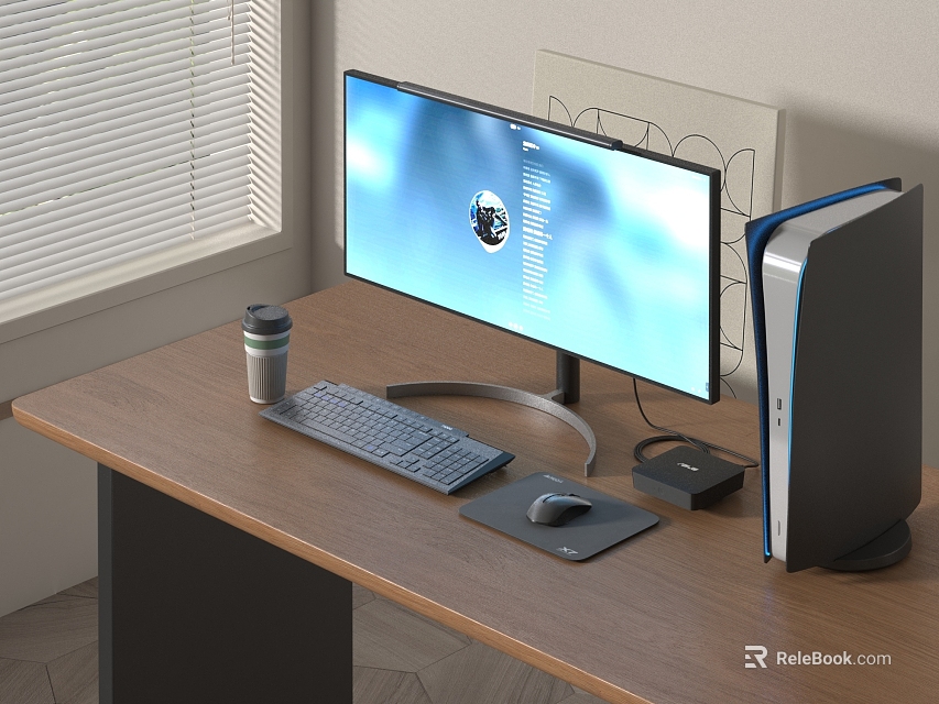 Desktop Computer Setup With Monitor Keyboard Mouse Tower On Wooden Desk Near Window 3d model 