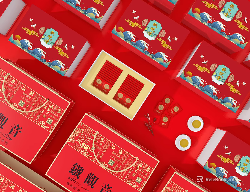 Traditional Chinese Red Tea Set Packaging With Golden Patterns And Gift Box Design 3d model