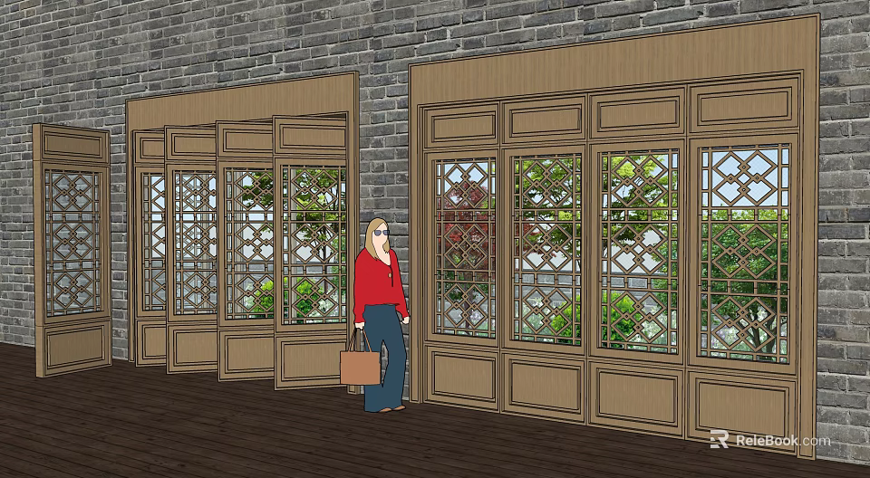 Interior Wooden Partition With Lattice Glass Panels And Brick Wall Background 3d model 