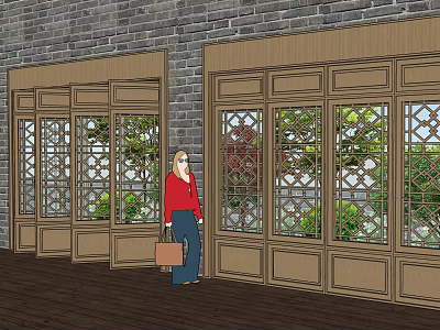 Interior Wooden Partition With Lattice Glass Panels And Brick Wall Background 3d model