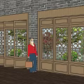 Interior Wooden Partition With Lattice Glass Panels And Brick Wall Background