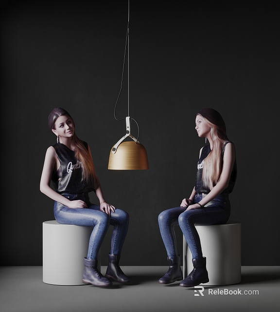 Two women sitting chatting on white cylindrical stools with gold pendant light against dark background 3d model 