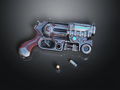 Sci Fi Revolver Weapon With Metallic Design Blue Accents And Bullets 3d model