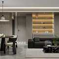 Modern Open Living And Dining Room Interior With Marble Wall Pendant Light And Dining Chairs