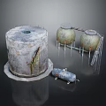 Industrial Storage Equipment Setup With Large Cylindrical Tank Green Storage Tanks Metal Framework And Gas Cylinder