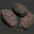 Three Pinkish Brown Coconuts on Dark Reflective Surface with Textured Skin
