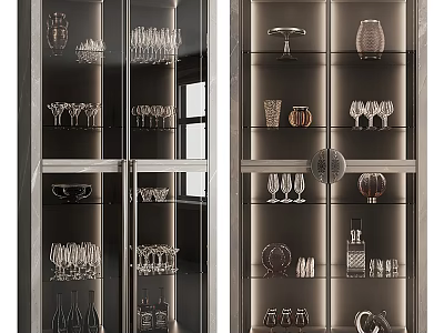 Modern Wine Cabinet With Glass Doors And Layered Shelves For Wine Glasses And Bottles 3d model
