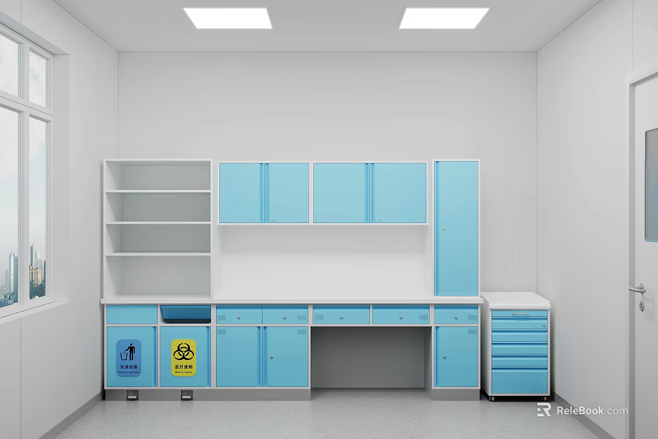 Dental Clinic Interior With Blue Cabinets White Walls And Storage Shelves 3d model 