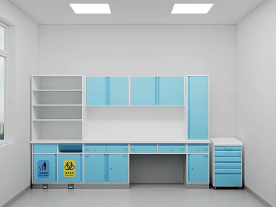Dental Clinic Interior With Blue Cabinets White Walls And Storage Shelves 3d model