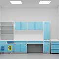 Dental Clinic Interior With Blue Cabinets White Walls And Storage Shelves