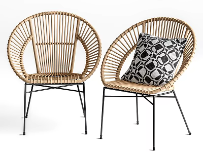 Rattan Outdoor Chairs With Black Metal Legs And Geometric Pattern Cushion 3d model
