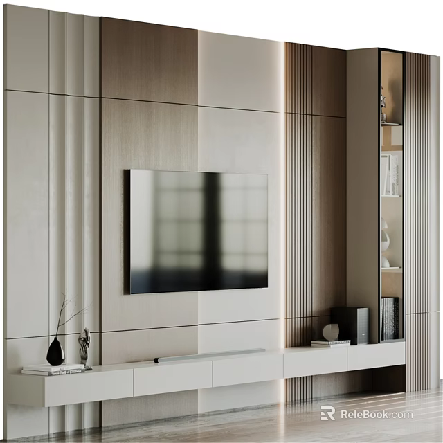 Modern Minimalist TV Wall Design With Wooden Panels Wall-mounted TV And White Console 3d model 
