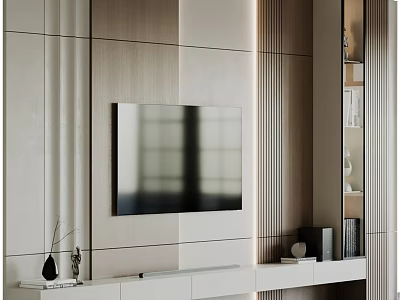 Modern Minimalist TV Wall Design With Wooden Panels Wall-mounted TV And White Console 3d model