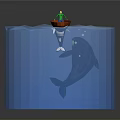 Orca and Whale Swimming in Blue Cylinder Tank with Red Boat on Water Surface