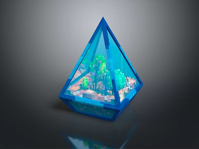Pyramid Shaped Transparent Container as Display Device with Micro Ecosystem and Green Plants 3d model