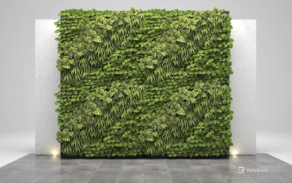 Lush Indoor Living Plant Wall With Diverse Greenery White Walls And Gray Floor 3d model 