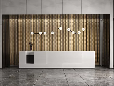 Modern White Reception Desk With Wooden Slat Wall Round Pendant Lights And Gray Marble Flooring 3d model