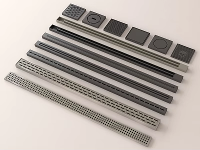 Bathroom Accessories Featuring Linear Drains Square Grates And Metal Drainage Channels 3d model