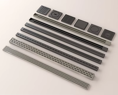 Bathroom Accessories Featuring Linear Drains Square Grates And Metal Drainage Channels 3d model