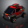 Red And Black Off Road Vehicle With Yellow Accents Roof Rack And Futuristic Design