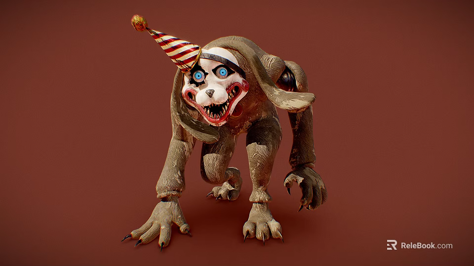 Creepy Monster Figure With Striped Party Hat On Brown Background 3d model 