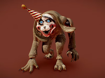 Creepy Monster Figure With Striped Party Hat On Brown Background 3d model