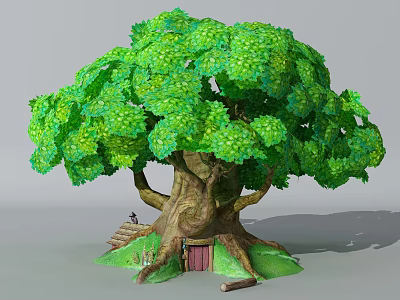 Cartoon Scene Featuring Big Green Tree With Wooden Door And Small House 3d model
