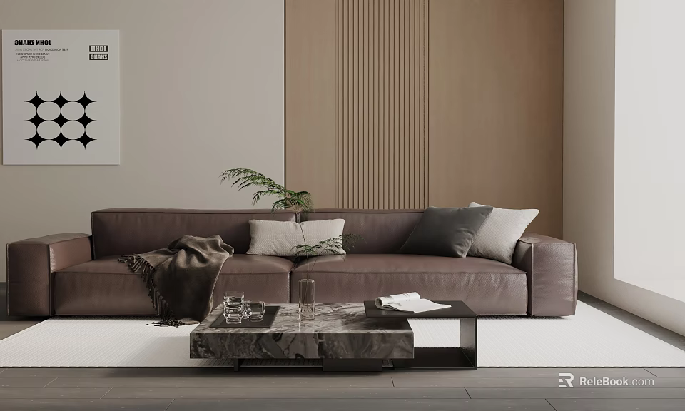 Three Seater Brown Sofa With Pillows Blanket Marble Coffee Table In Modern Living Room 3d model 