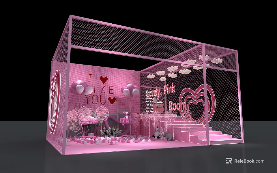 Sweet Pink Exhibition Room With Heart Decorations Balloons And I LIKE YOU Signage 3d model 