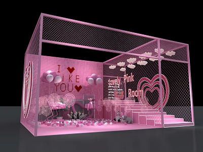 Sweet Pink Exhibition Room With Heart Decorations Balloons And I LIKE YOU Signage 3d model