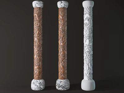Three Decorative Carved Columns With Ornate Base Top And Intricate Patterns 3d model