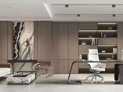 Modern Office Interior Design With Wooden Desk White Chair Bookshelf And Artwork 3d model
