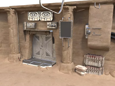 Rustic Adobe Interior With Metal Door Columns Hanging Devices And Crates 3d model
