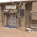 Rustic Adobe Interior With Metal Door Columns Hanging Devices And Crates