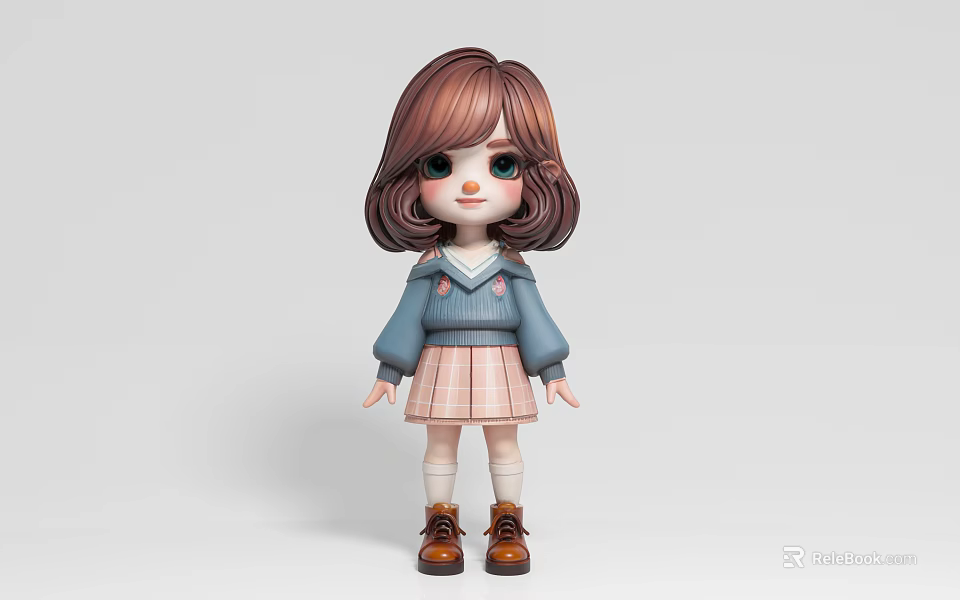 Cute Cartoon Style Girl With Brown Short Hair Blue Sweater And Pink Pleated Skirt 3d model 