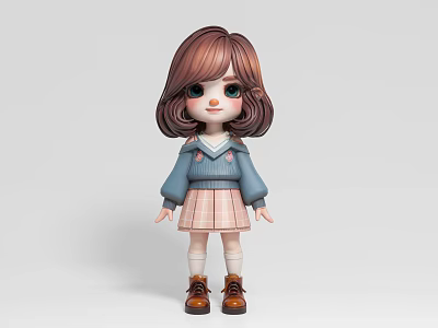 Cute Cartoon Style Girl With Brown Short Hair Blue Sweater And Pink Pleated Skirt 3d model